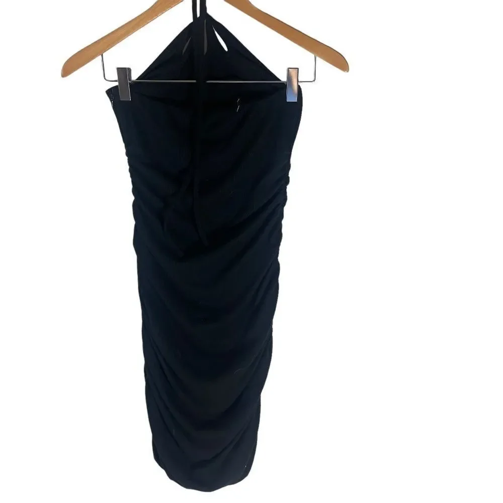 Princess Polly Kenji Black Ribbed Ruched‎ Side/Side Zip Halter Mini Dress Sz 4